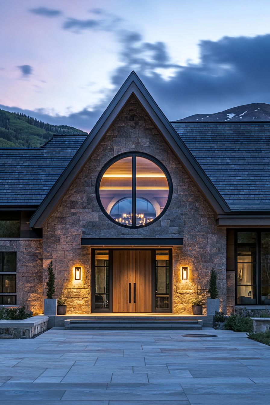 Luxurious mountain house with circular window and stone facade