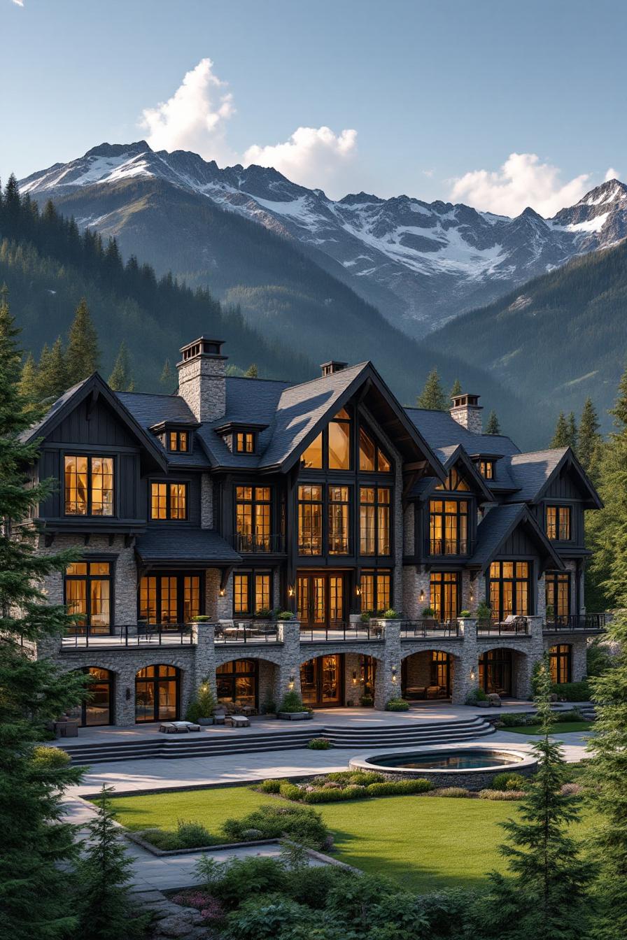 Grand house with mountain backdrop