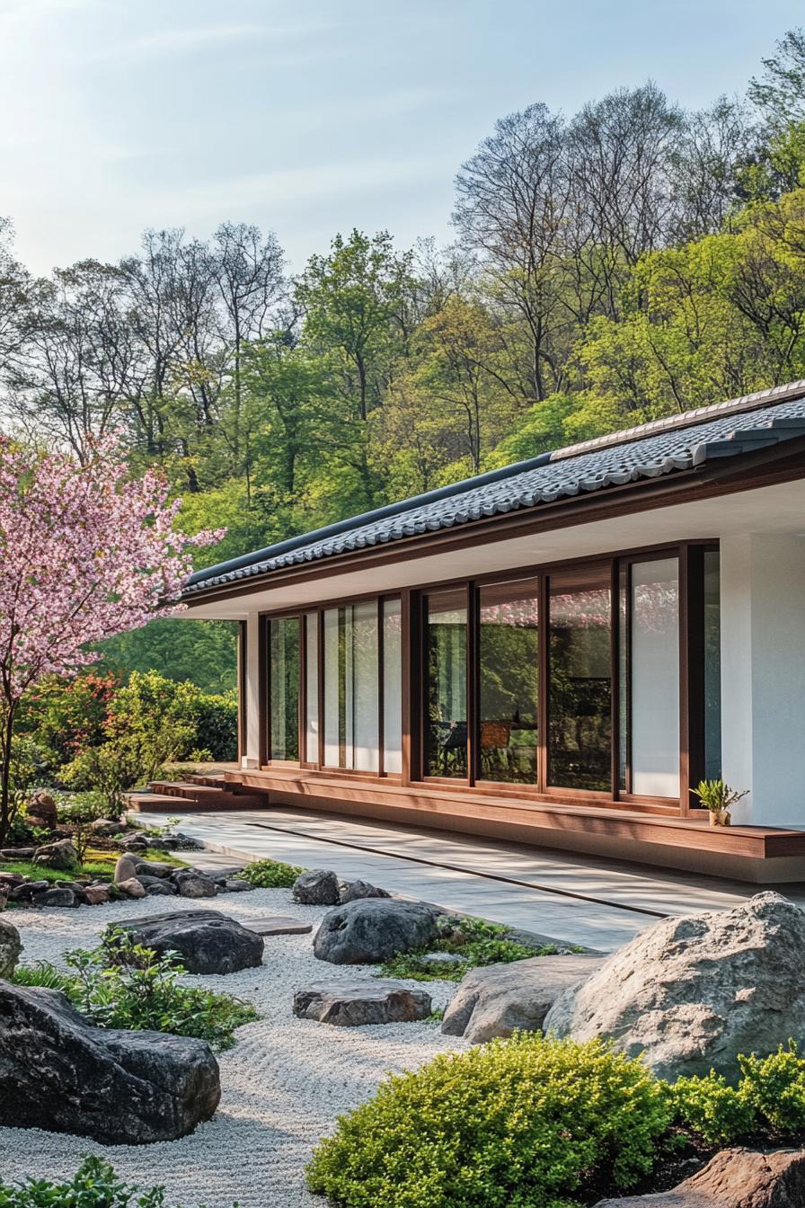 Japanese cottage with sliding glass doors surrounded by lush greenery and a blooming cherry blossom tree