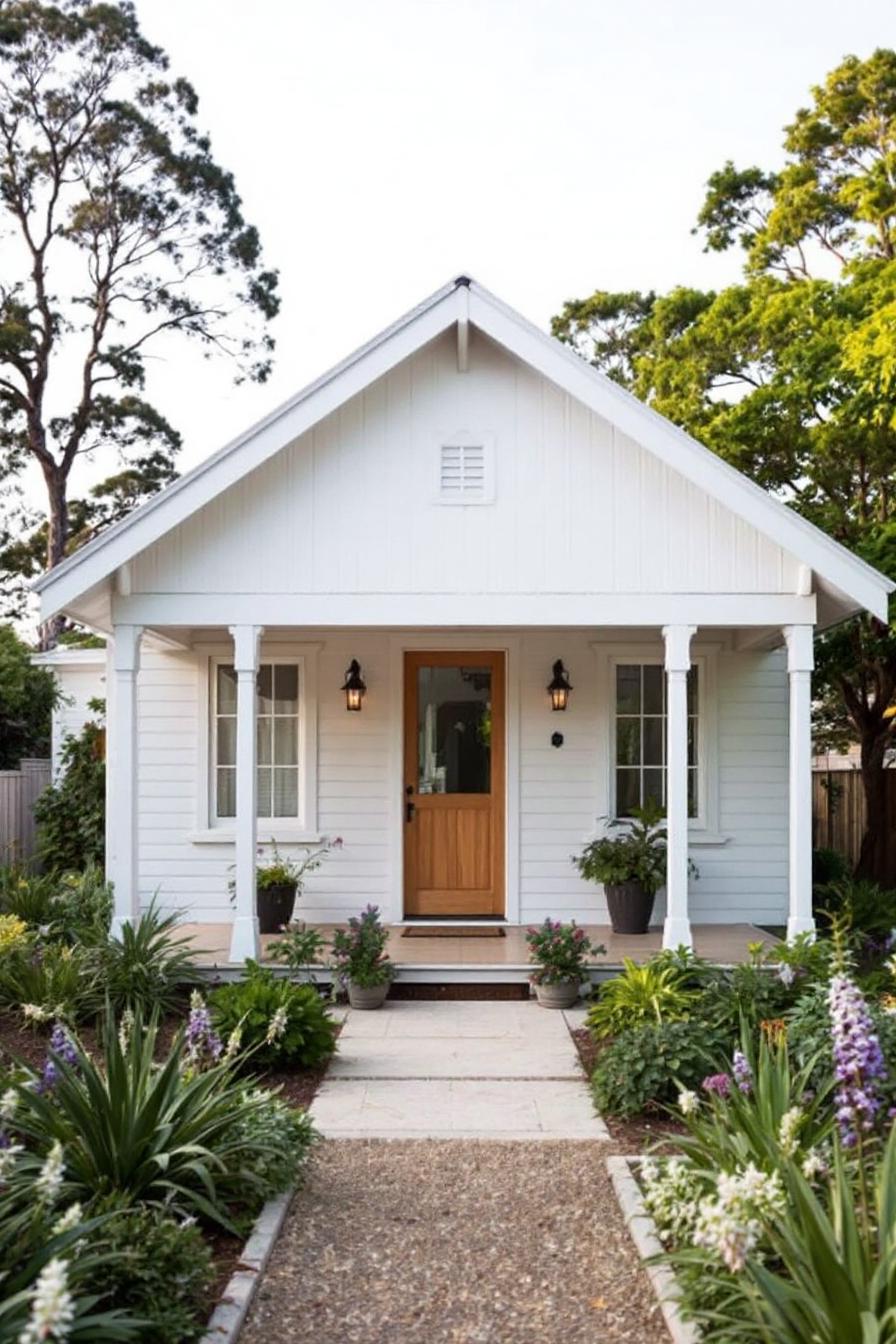 White wooden cottage with a front porch and garden