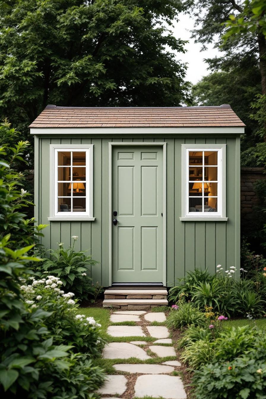Green wooden shed nestled in a garden, with a welcoming stone path leading to it