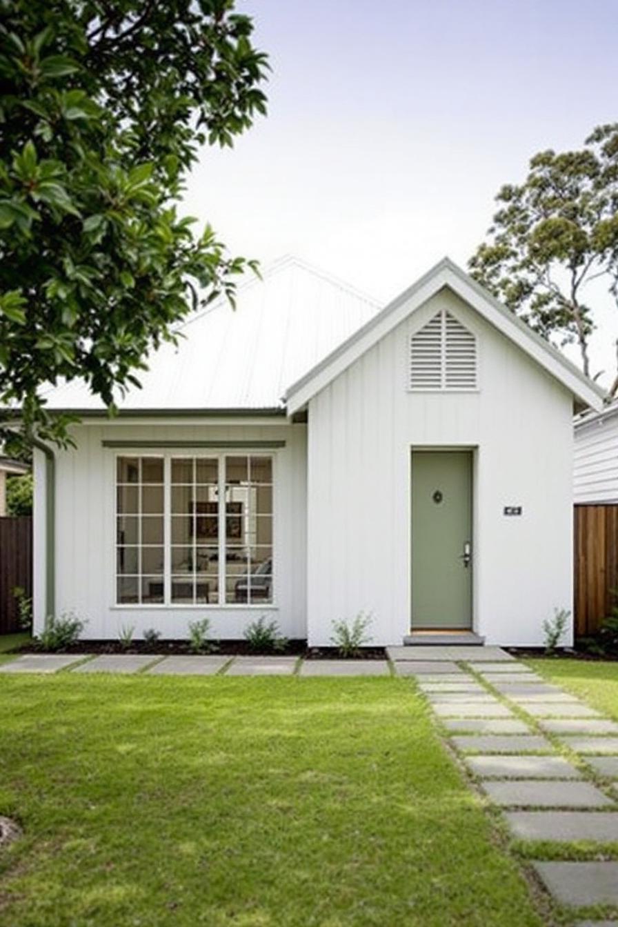 Charming white cottage with a green door and large window