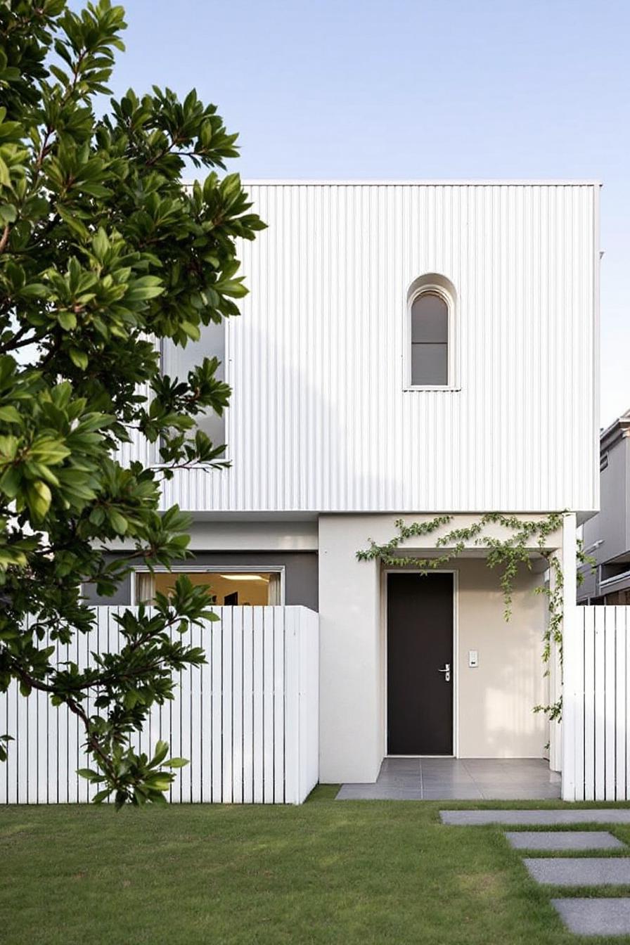 Modern white cottage with an arched window and garden