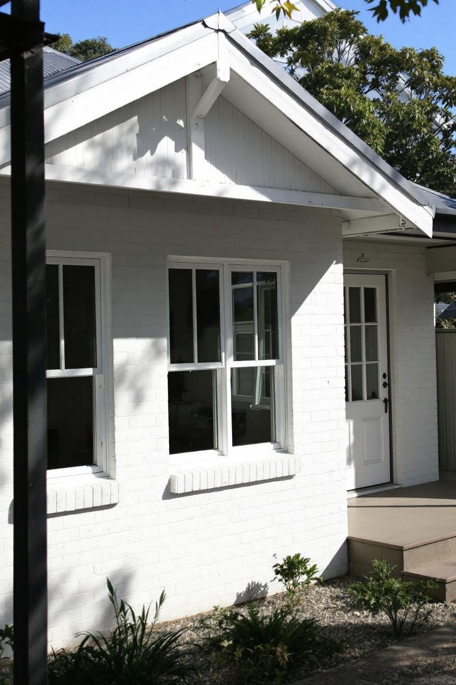 Cozy white cottage with a charming porch and lush greenery