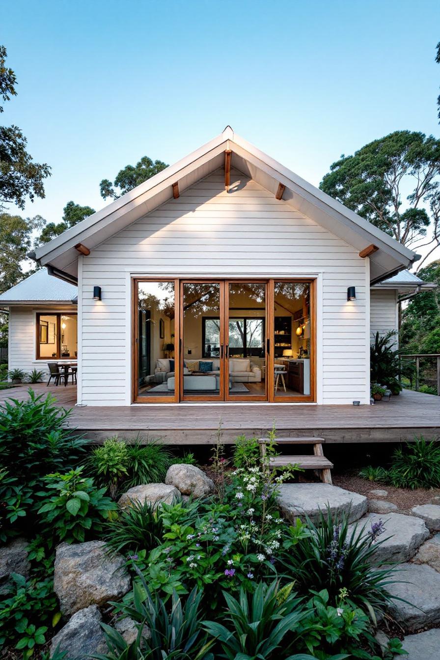 White cottage with wooden doors on a lush landscape