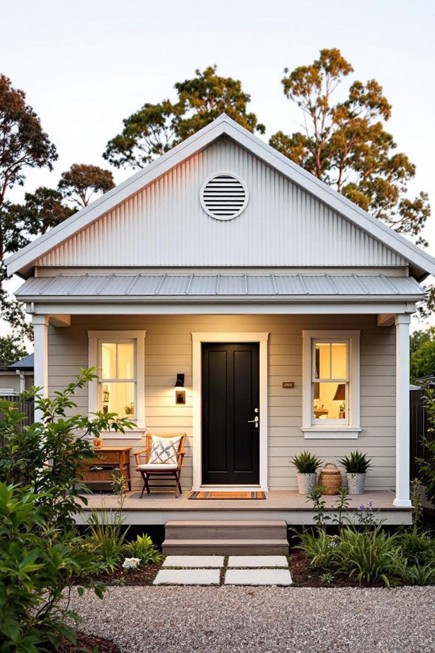 Front of a quaint beige cottage with a black door