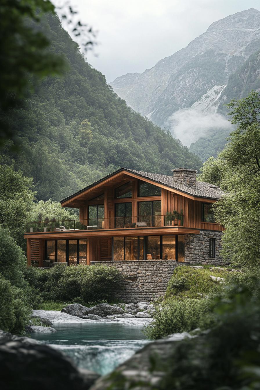 Rustic mountain home surrounded by lush greenery and rocky peaks