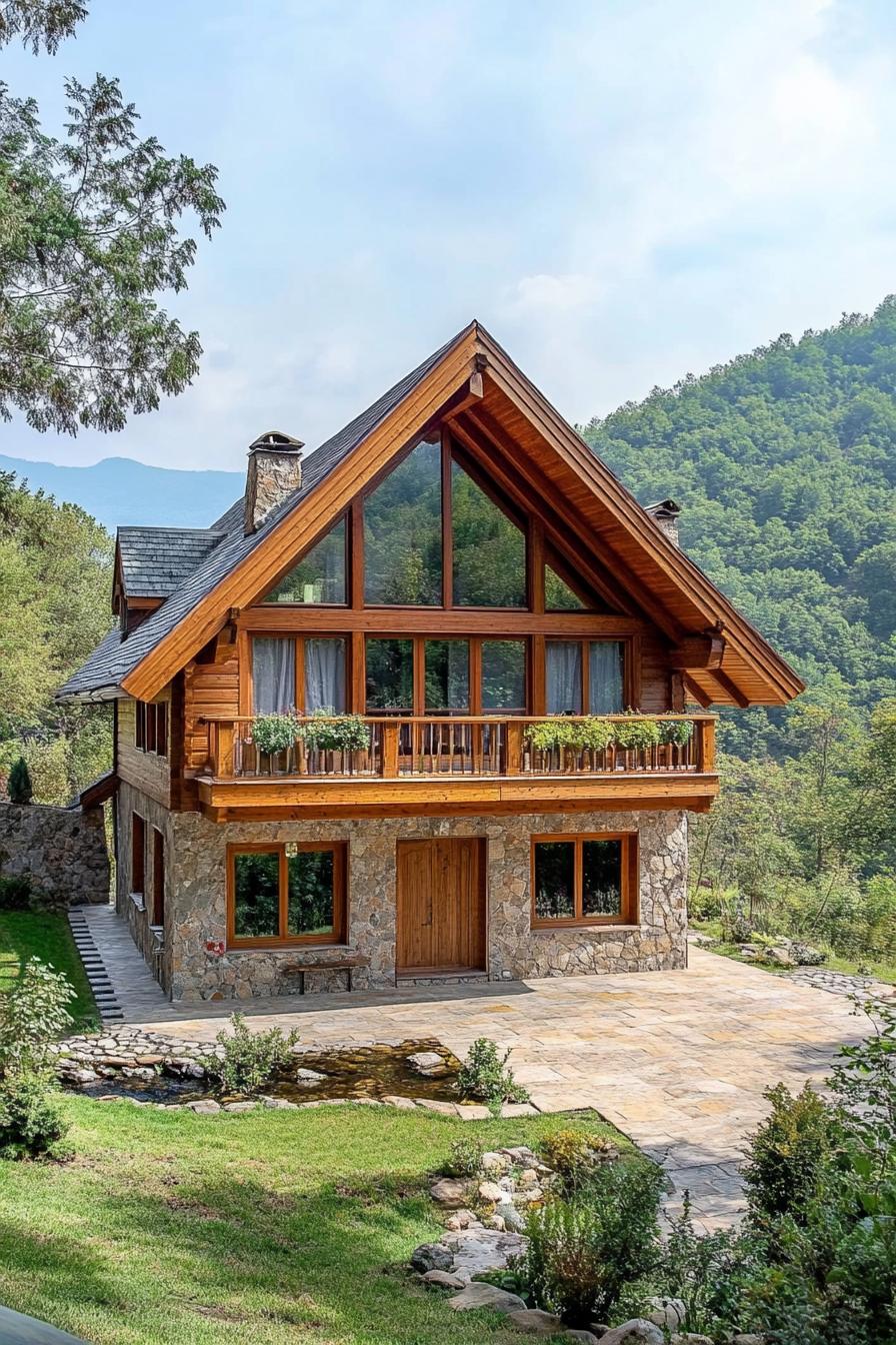Mountain home with large windows and a stone facade
