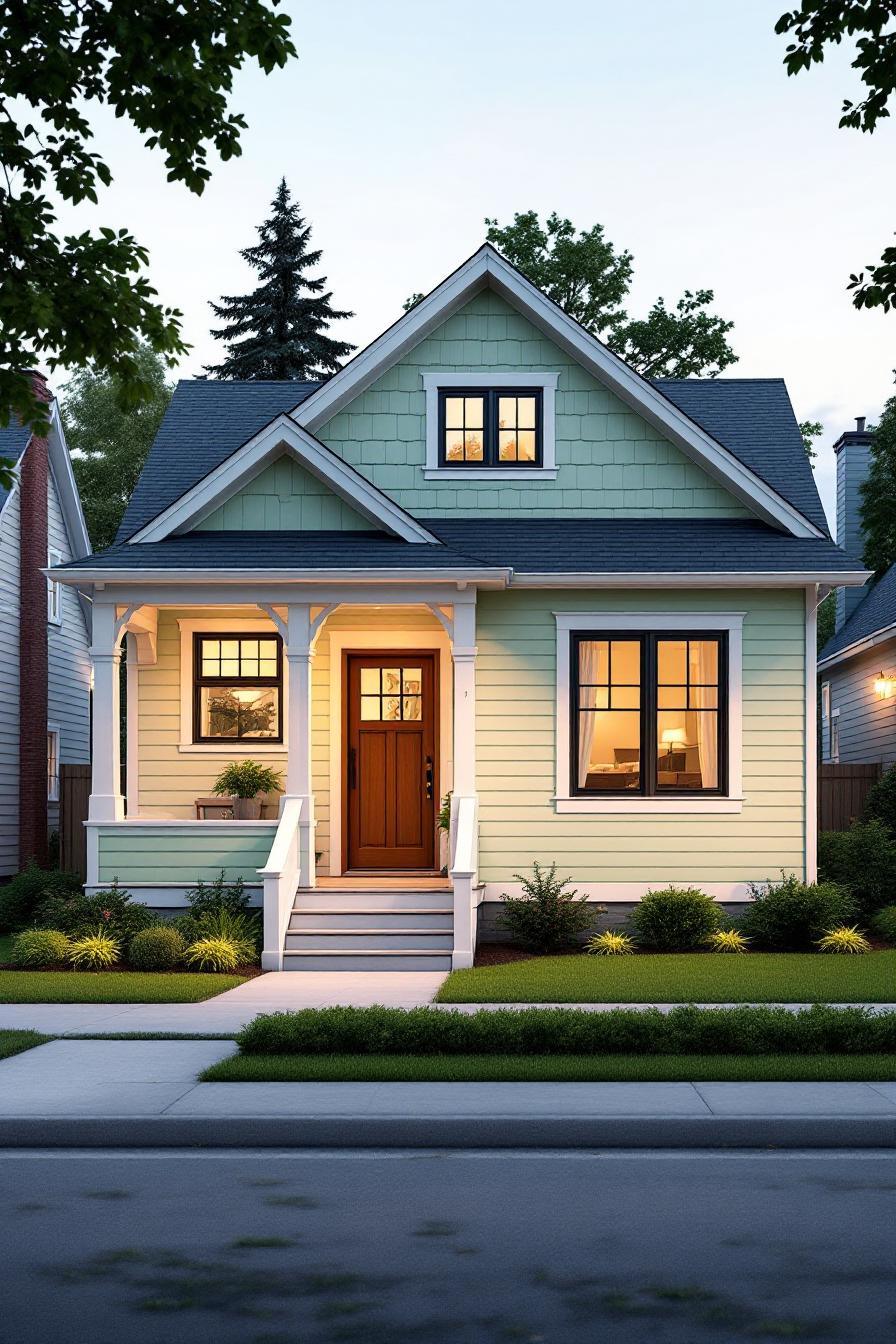 Small light green cottage bungalow with a porch