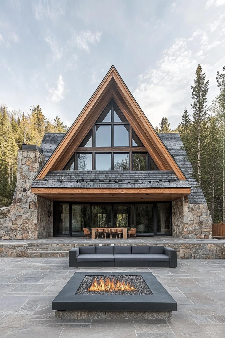 A-frame cabin with fireplace and outdoor seating