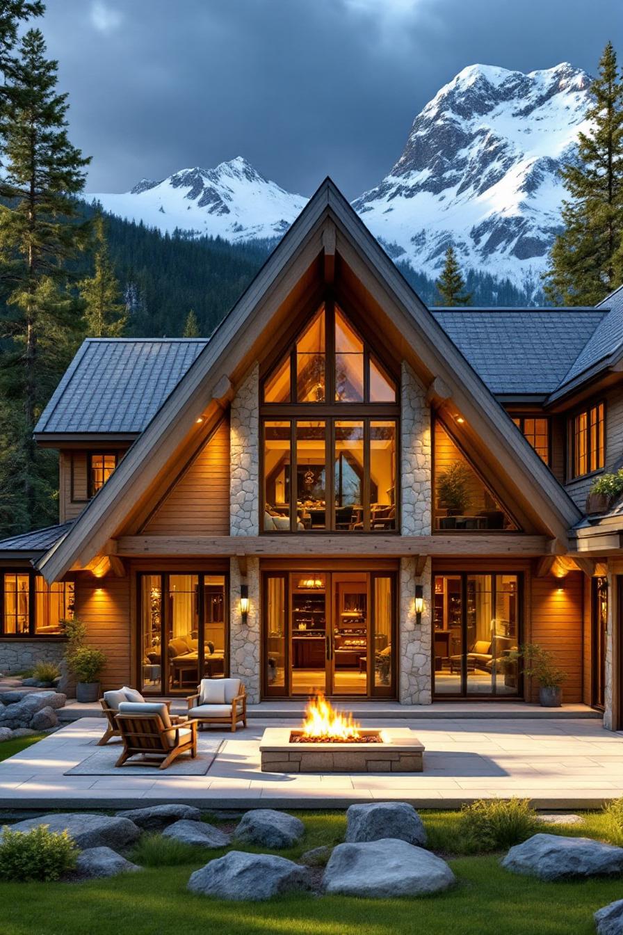 Luxurious wood cabin with mountain backdrop