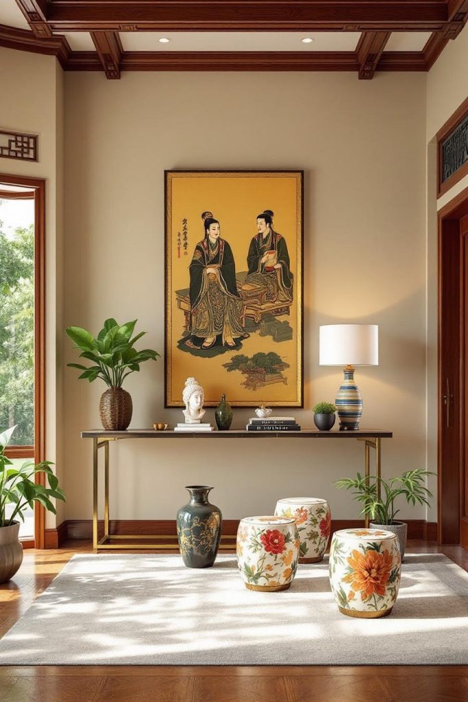 Traditional Chinese interior design in a contemporary home with a harmonious blend of classic and modern aesthetics. The color theme features earthy
