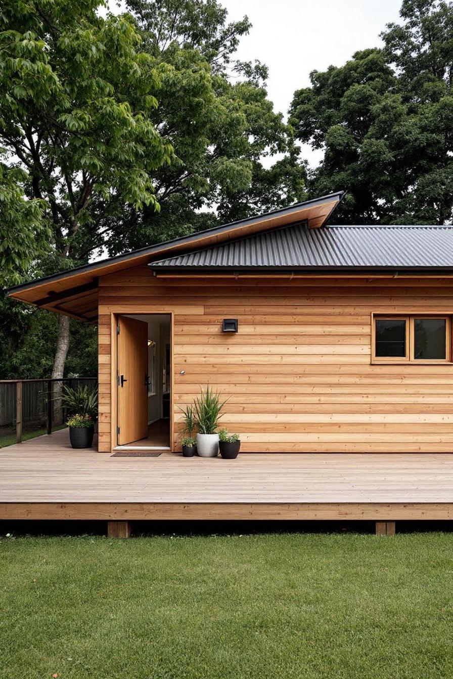 A small wooden cottage with a metal roof surrounded by trees