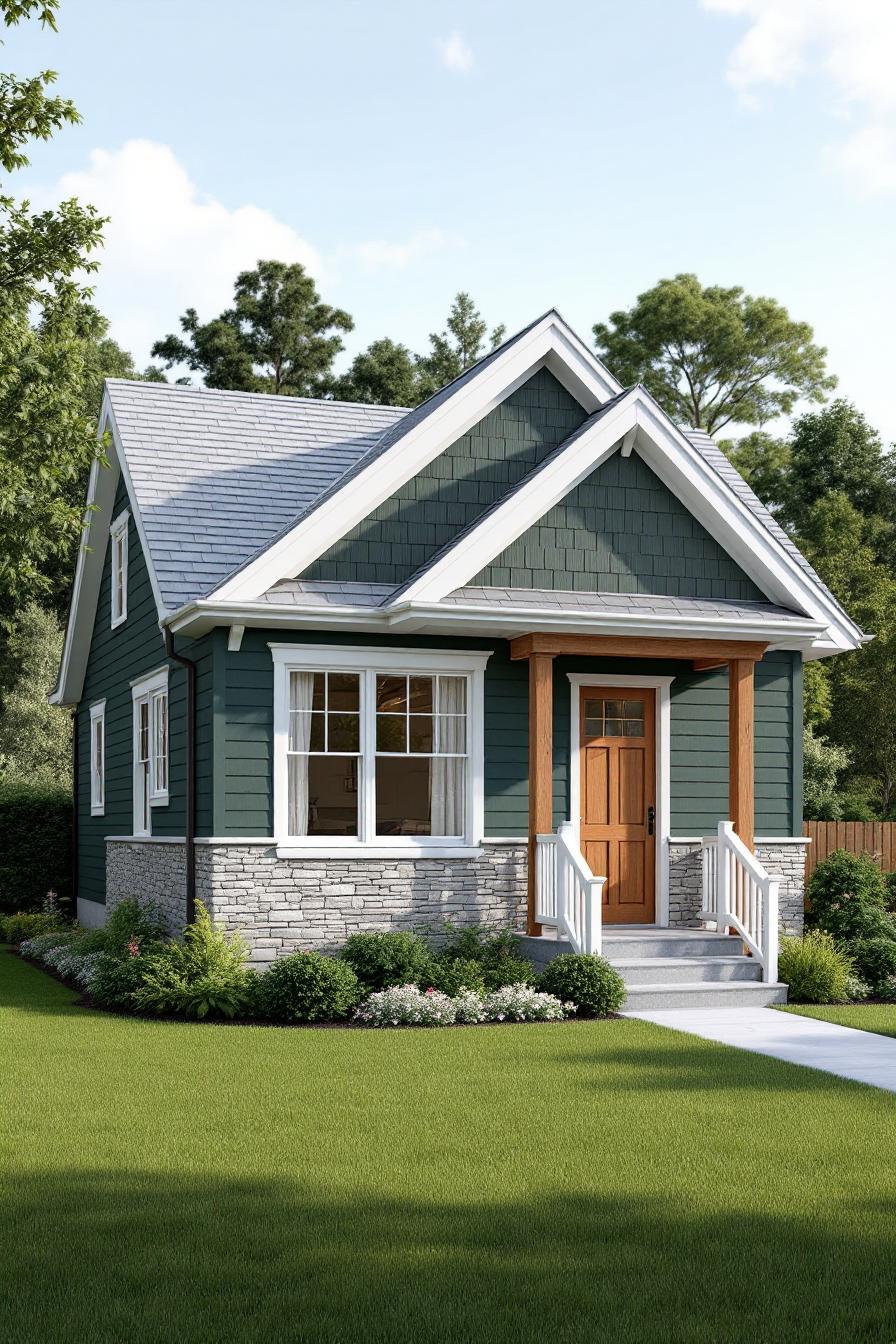 Green bungalow with stone accents and wooden door