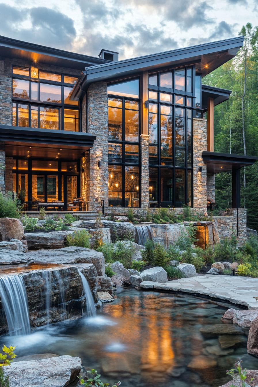 Luxury home with glass walls and stone facade