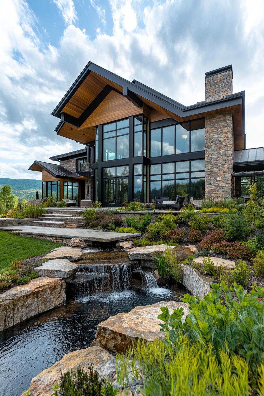 Luxurious woodland home with stone and glass facade