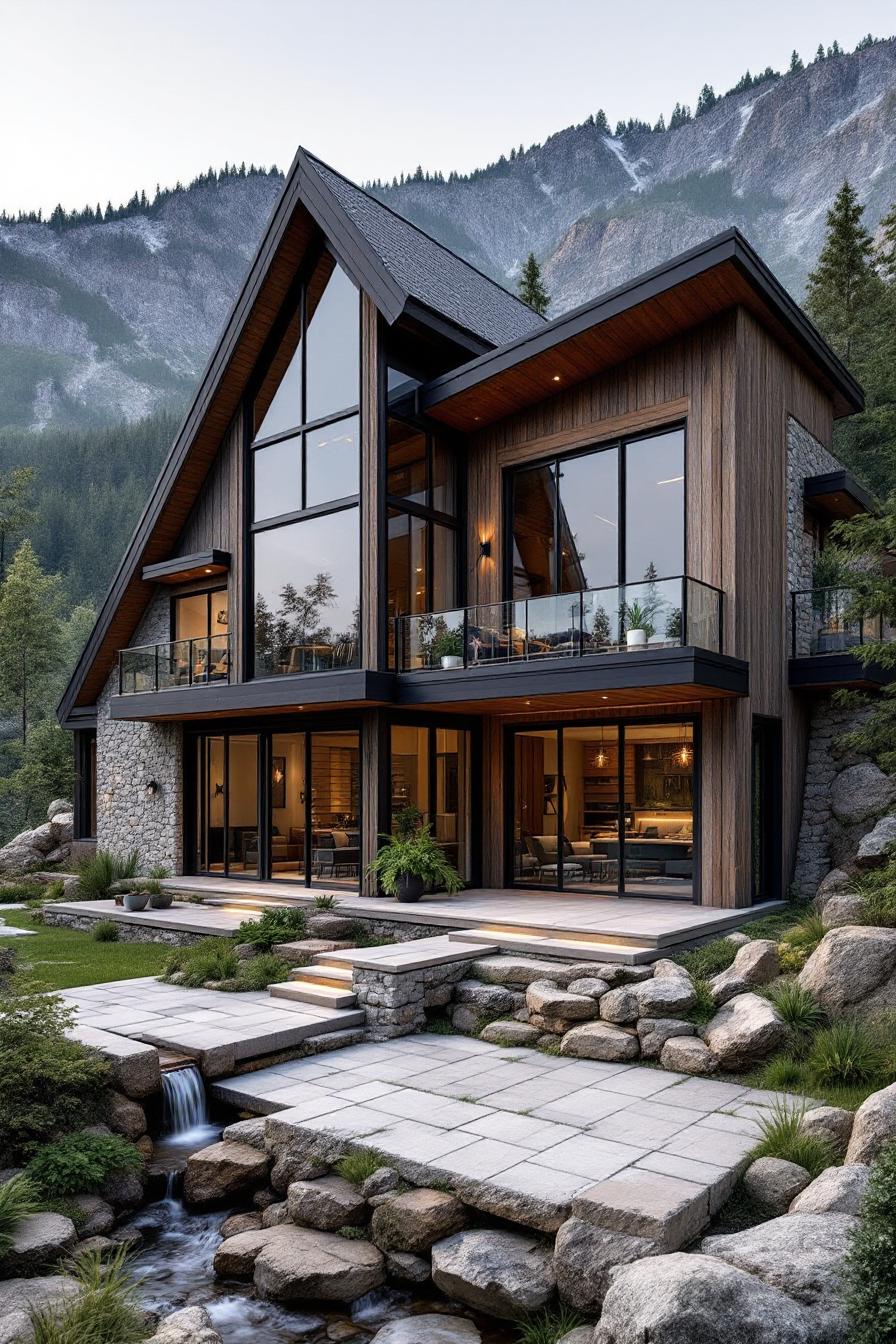 Luxury mountain home with large glass windows and cascading waterfall