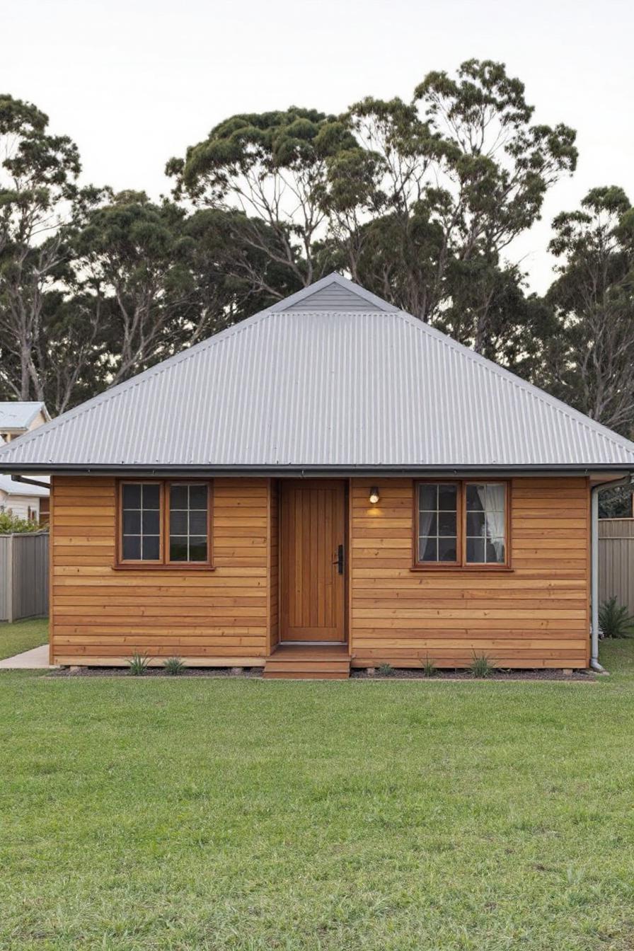 Small cedar cottage front with a metal roof