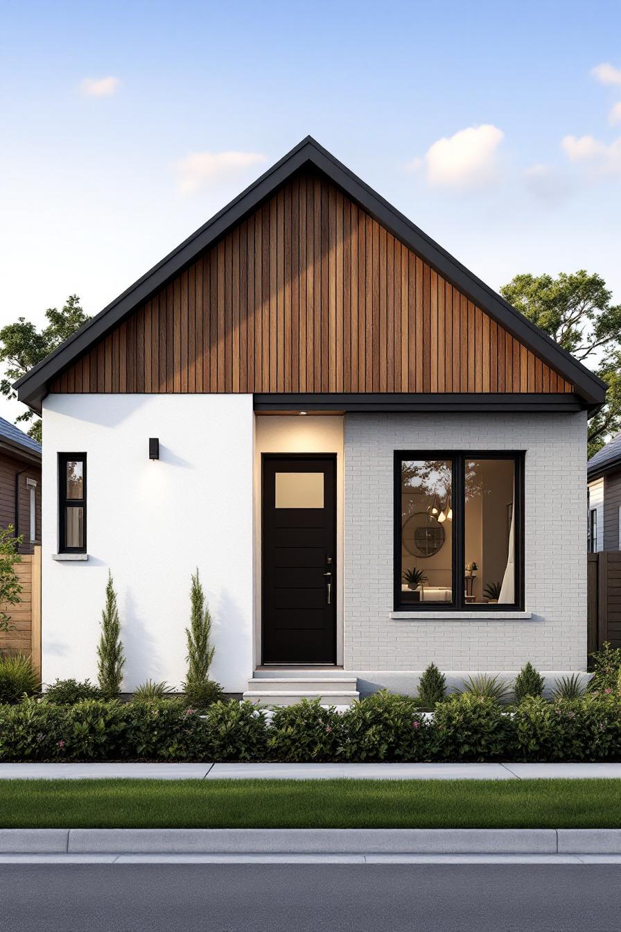 Small modern cottage with wood and white facade