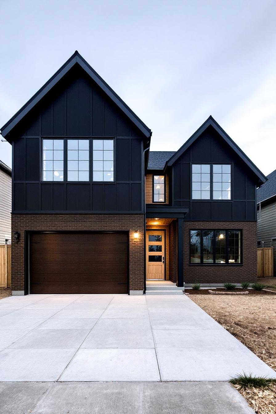 Dark modern house with gabled roofs and brick accents