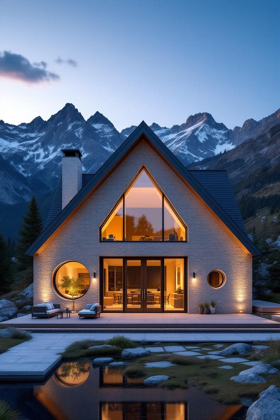 A-frame house illuminated at dusk against snow-capped peaks