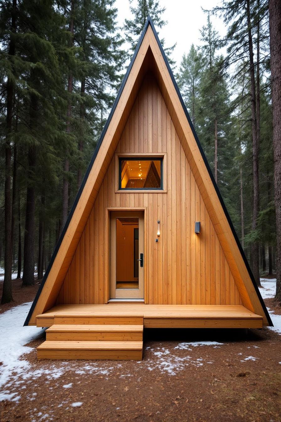 A-frame cabin with a tall peaked roof in a forest