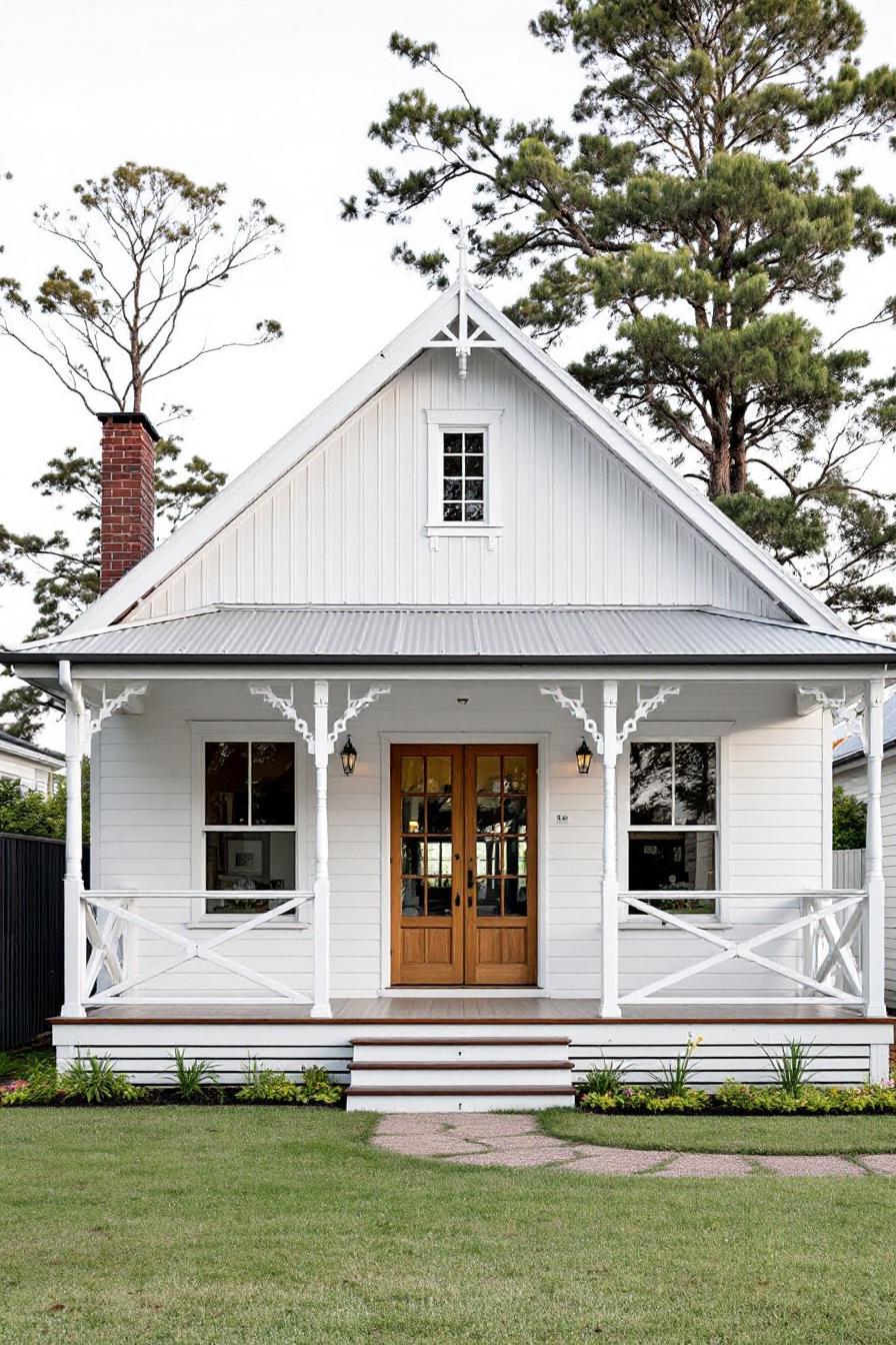 Quaint white cottage with a wooden door and front porch