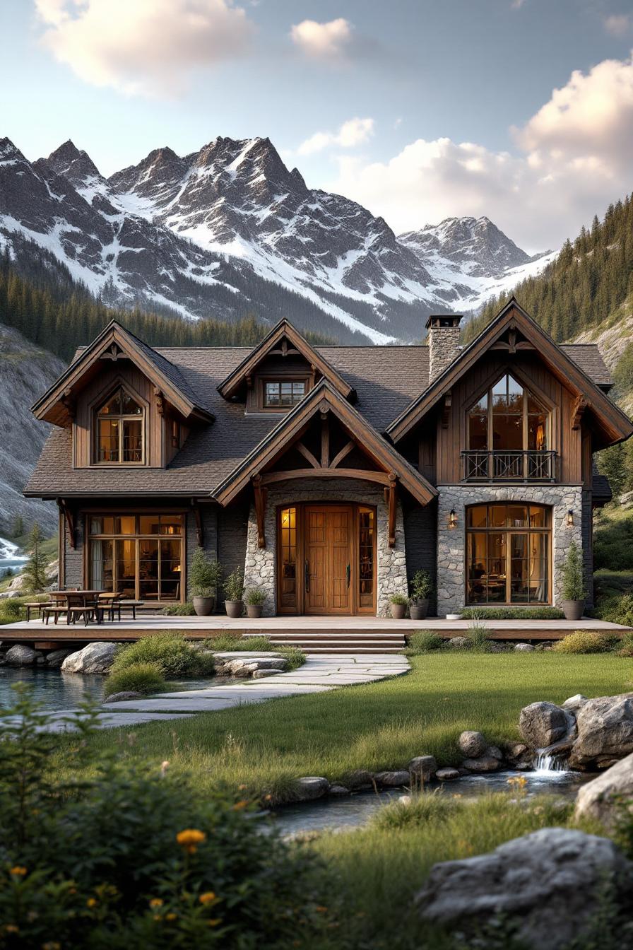 Luxury cabin with stone and wood accents against mountain backdrop