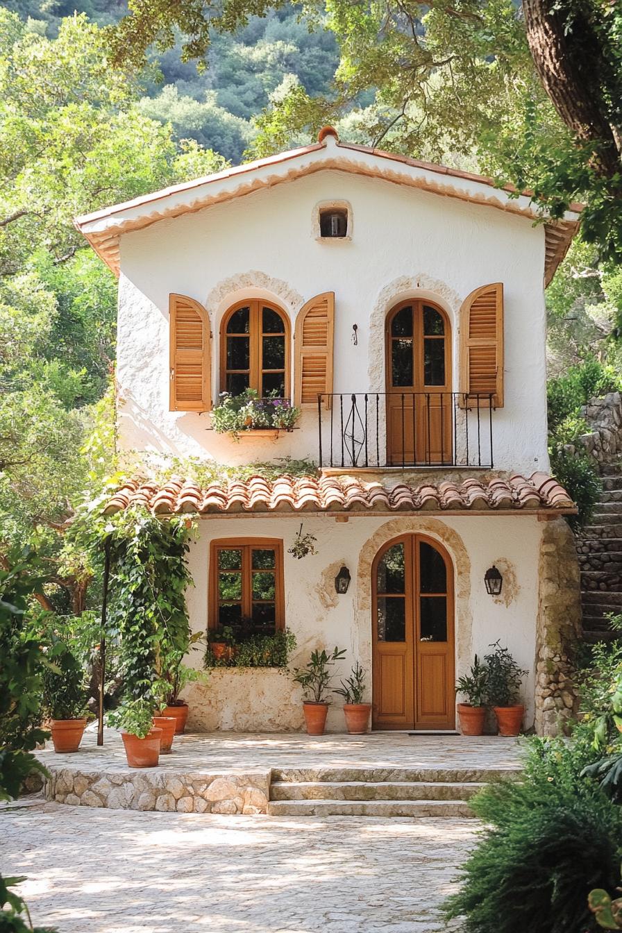 A quaint stone cottage with wooden shutters amid lush greenery