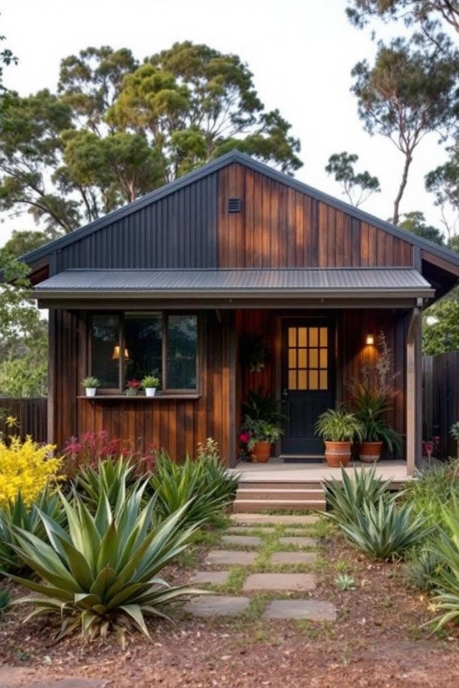 Cozy wooden cottage with lush greenery