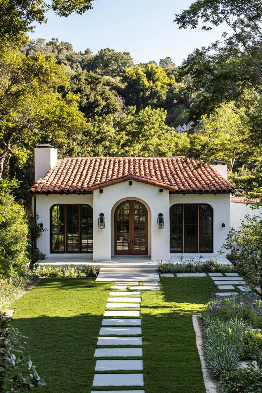 Cozy Mediterranean house with terracotta roof and arched entrance