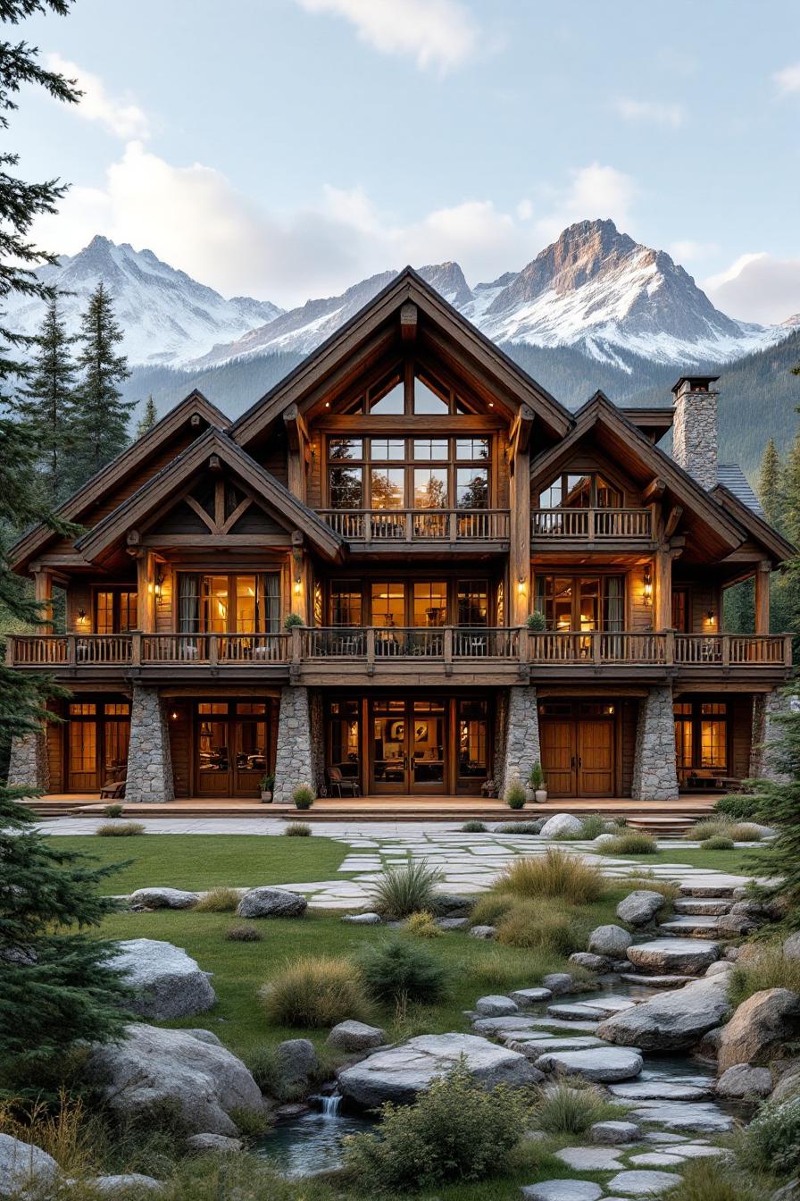 Mountain lodge with large windows and stone accents