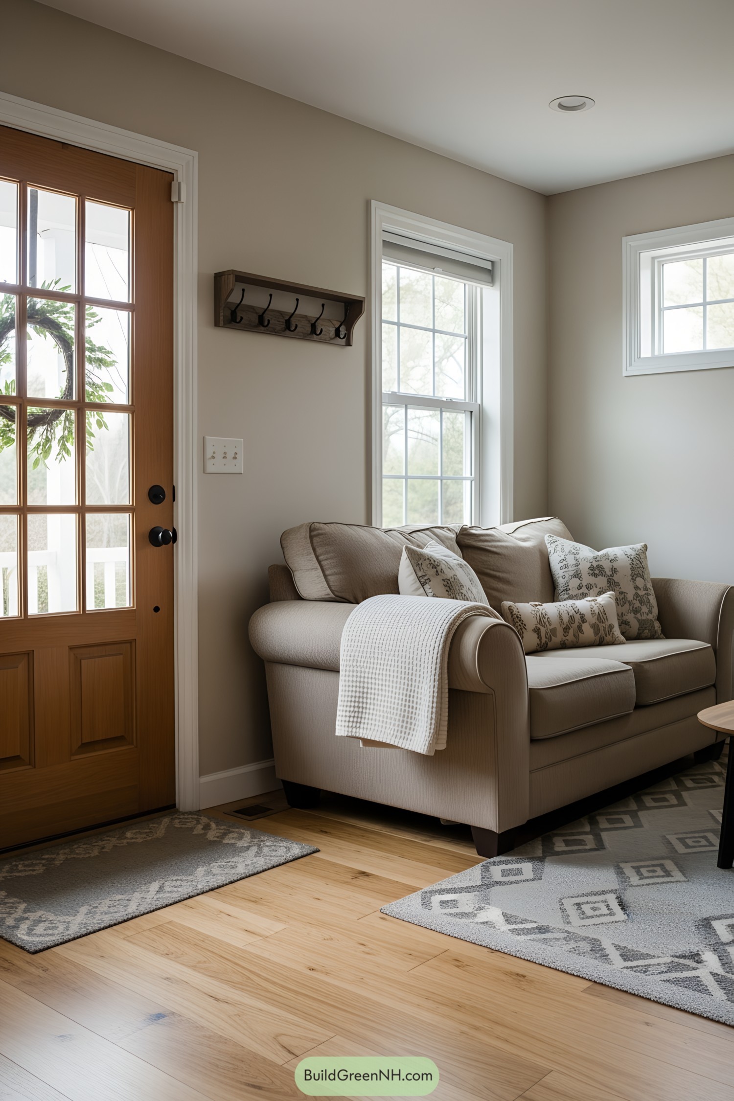 corner of cottage living room interior, well-lit earthy theme; wide front wall with elements in this order from left to right: closed wooden front door with large glass panels and a green wreath, a wall coat rack, double window with grid glass panels, wall corner; on the right perpendicular wall there's a small upper window; cozy sofa area in the middle