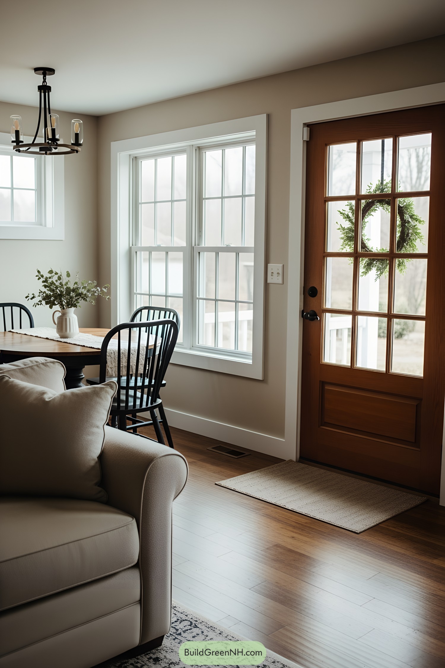 corner of cottage living room interior, well-lit earthy theme; wide front wall with elements in this order from right to left: closed wooden front door with large glass panels and a green wreath, a few feet of empty wall space, double window with grid glass panels, wall corner; on the left perpendicular wall there's a small upper window; cozy dining area in the middle