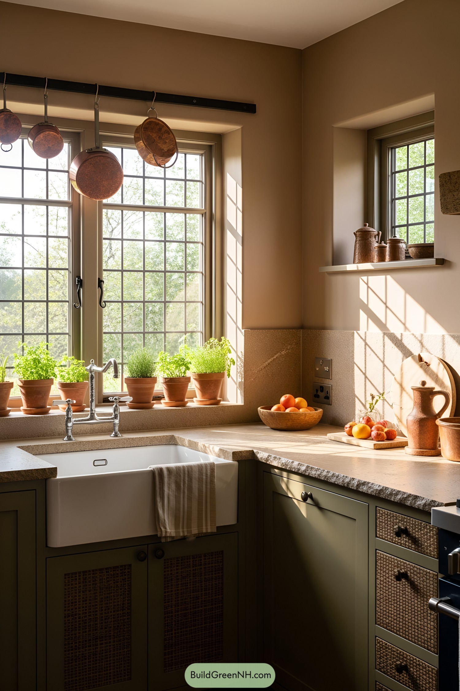 corner of cottage open plan kitchen interior, well-lit earthy theme; front wall with elements in this order from left to right: above kitchen sink a double window with grid glass panels, wall corner; on the right perpendicular wall there's a small upper window