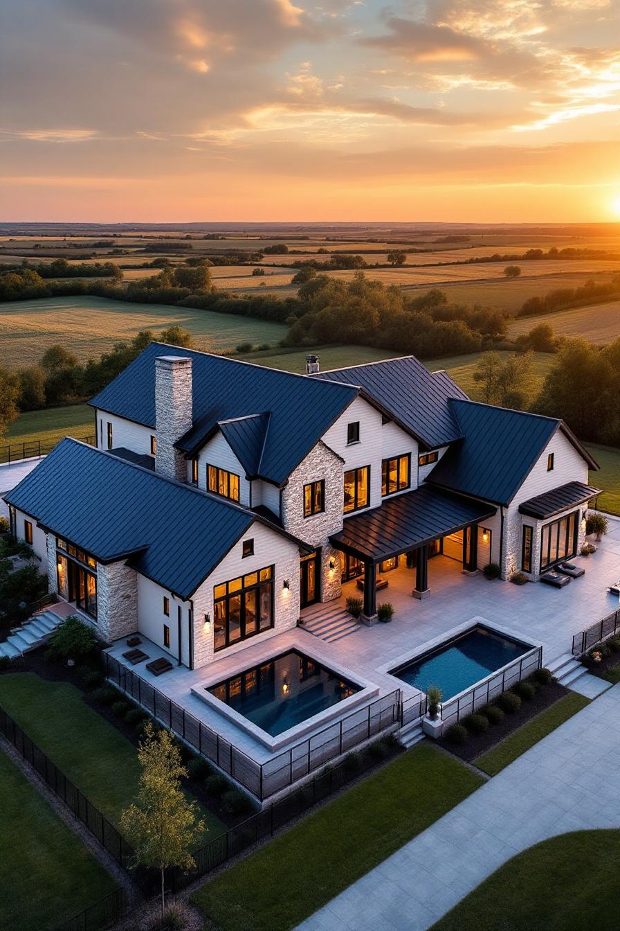 Luxurious country house with a pool and sunset view