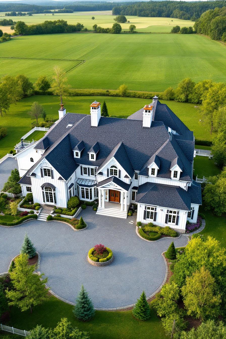 Large white farmhouse mansion with spacious lawn and driveway