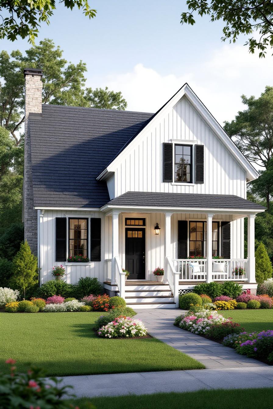 Cozy white cottage with black shutters