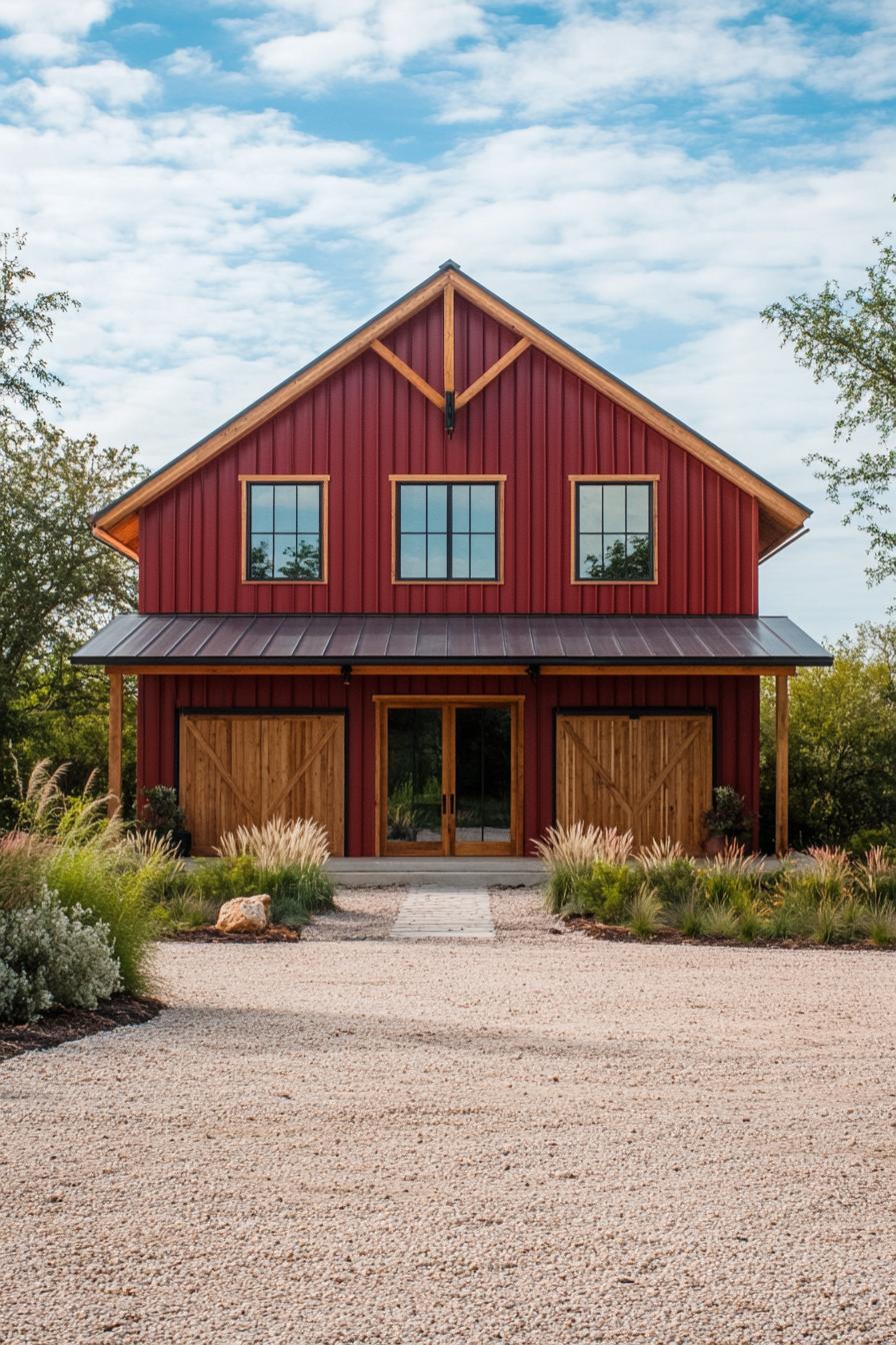 Red barndominium with wooden accents and a gravel path