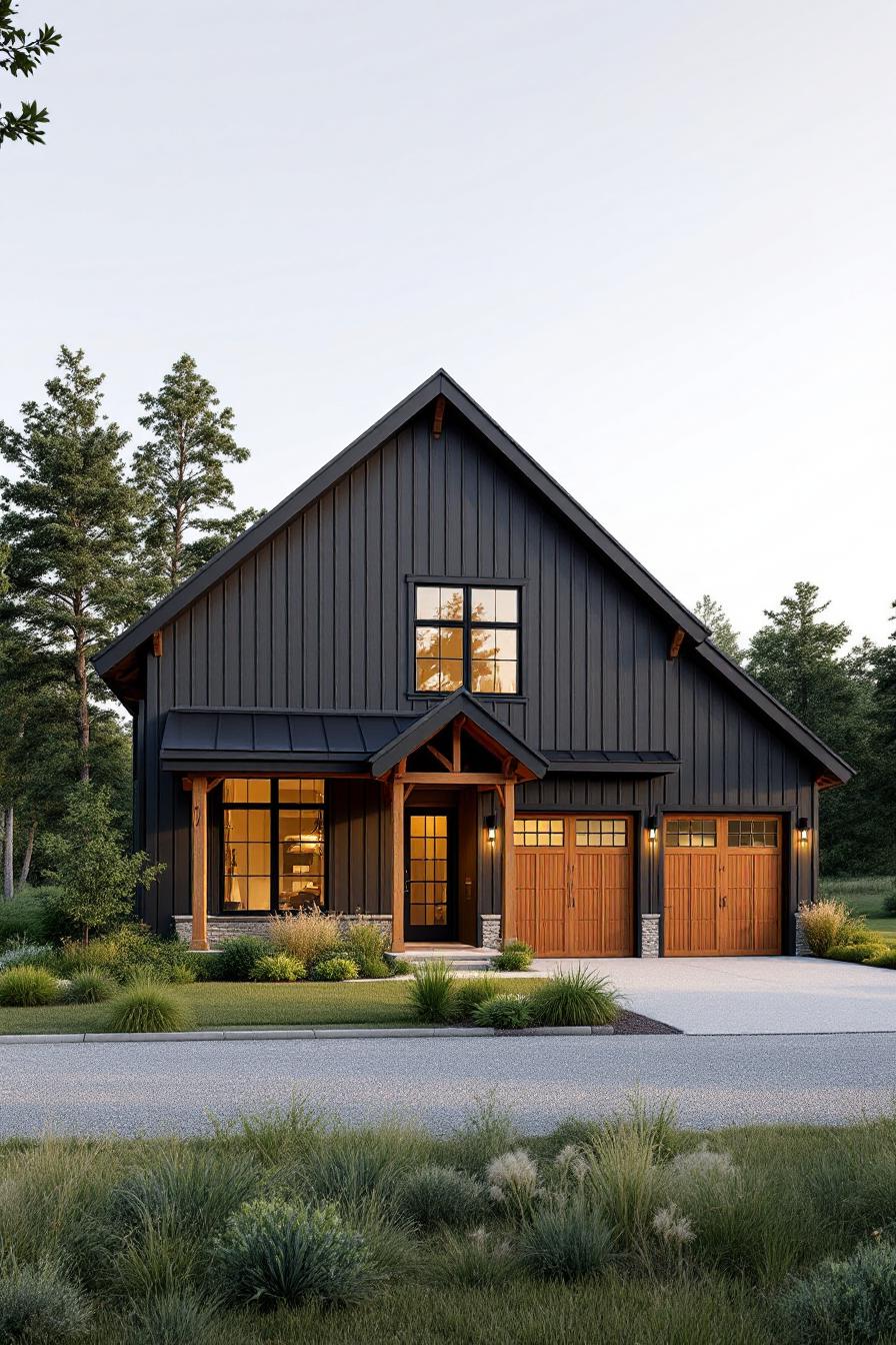 Black cottage barndominium with wooden accents and a cozy vibe