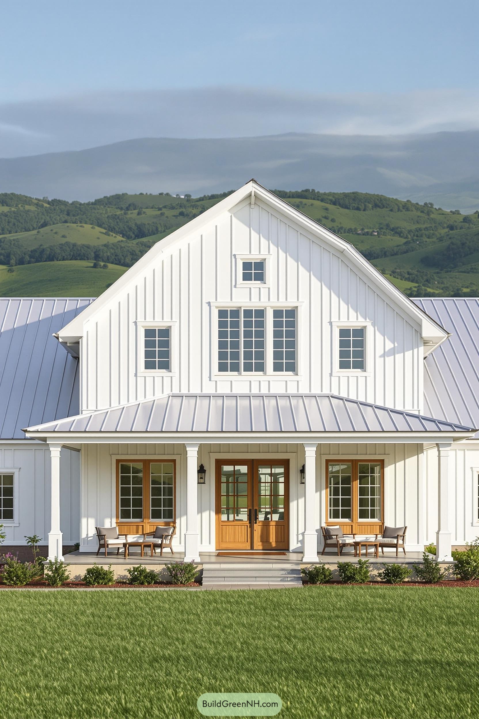 White farmhouse with large windows and front porch