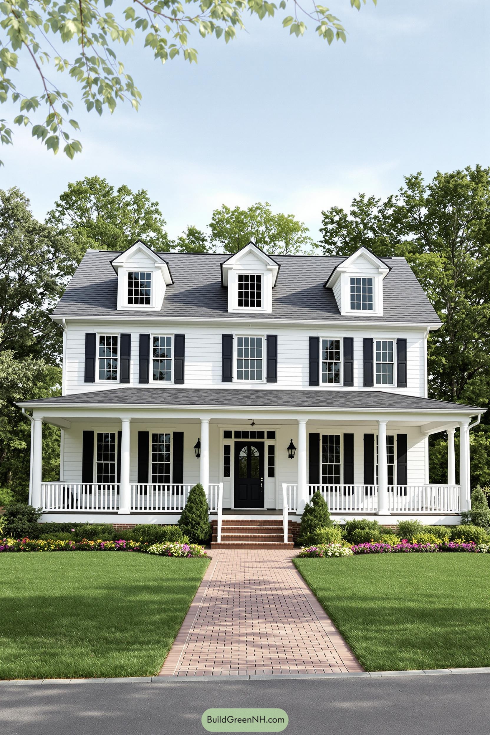 Large white country house with a wraparound porch