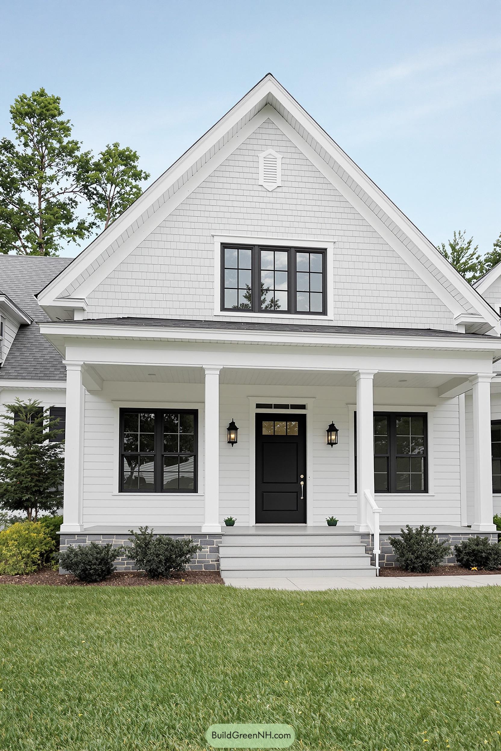 Front view of a modern farmhouse with a large porch