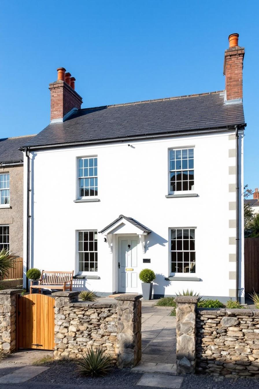 White cottage with brick chimneys and stone wall