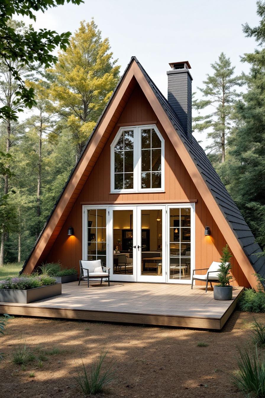 A-Frame house with a wooden deck and surrounding nature