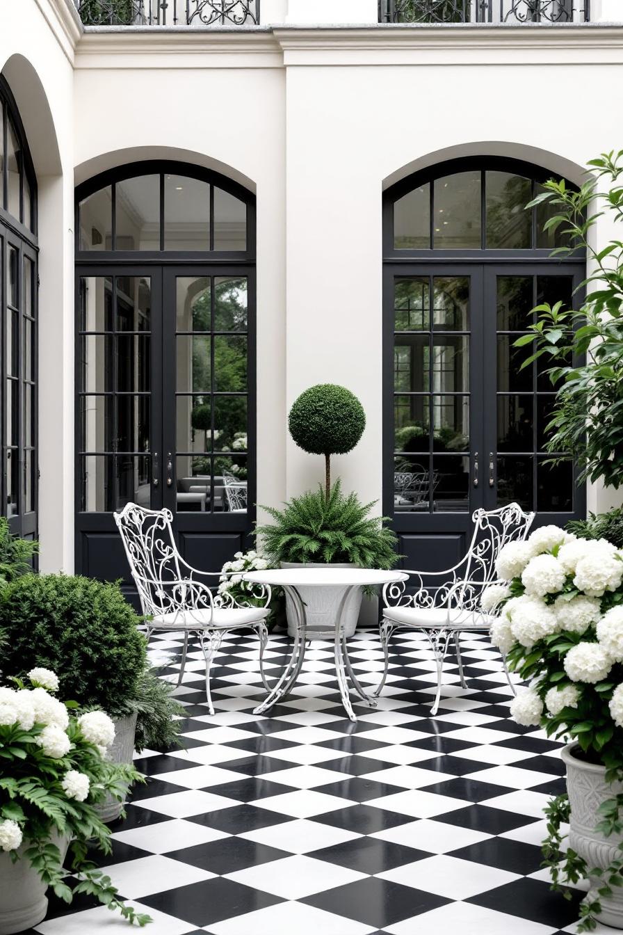 Elegant courtyard with checkered flooring and lush greenery