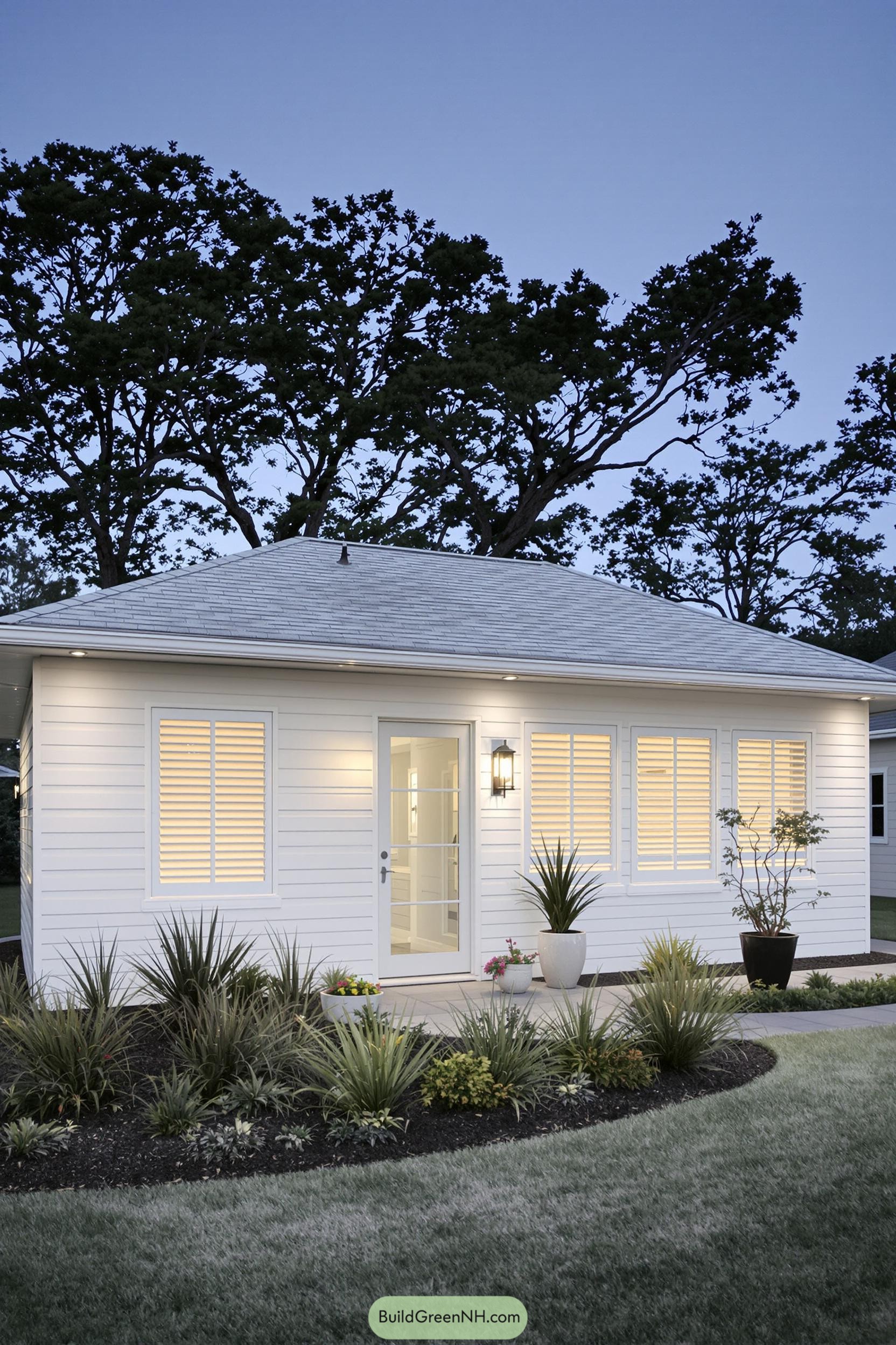 A cozy white bungalow with lush landscaping
