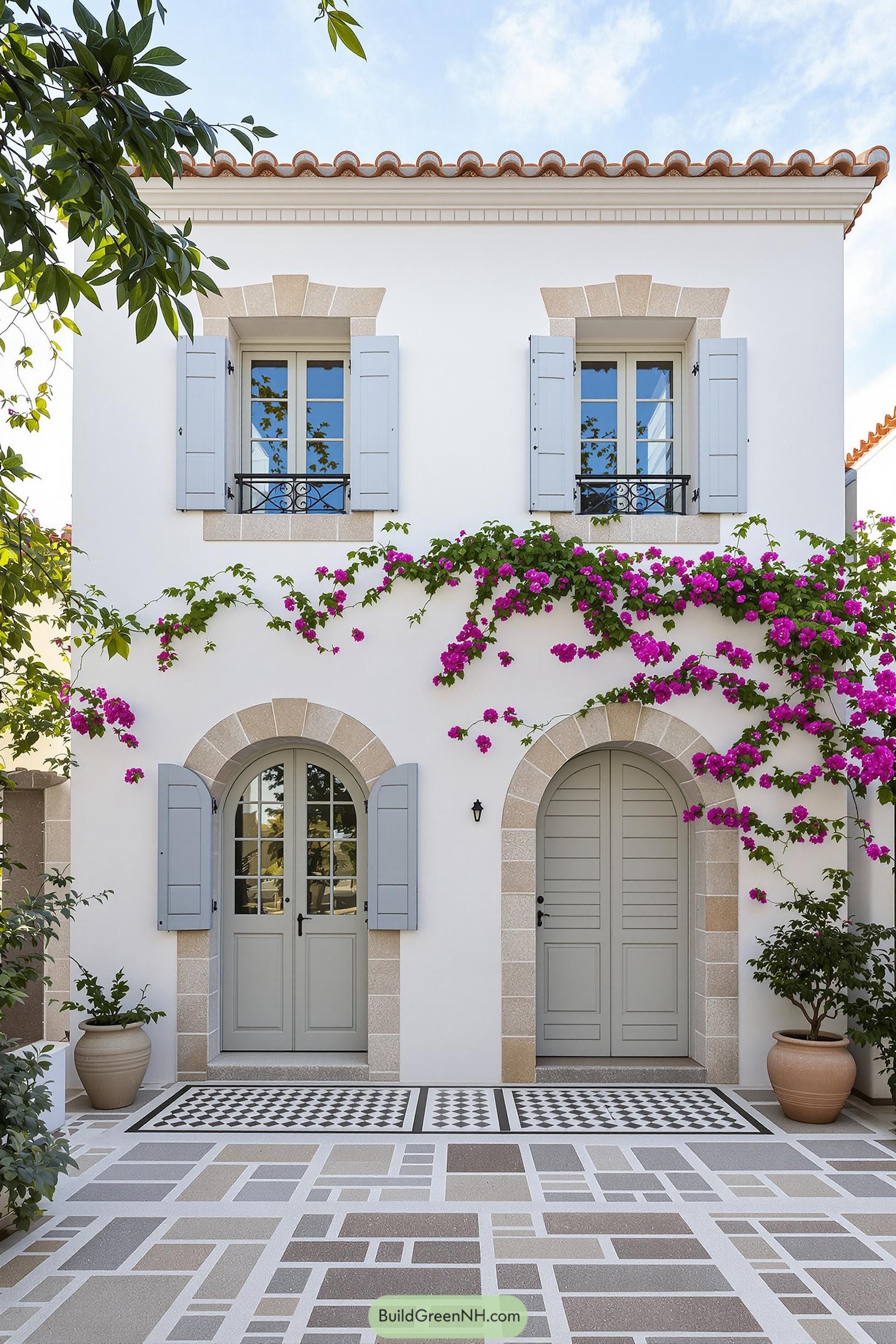 White cottage with blue shutters and pink flowers