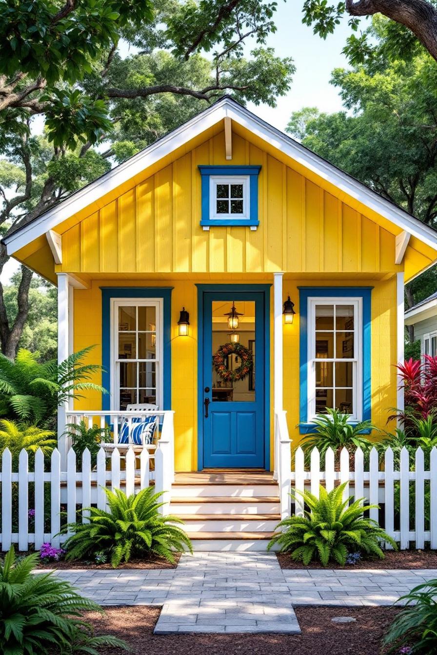 Bright yellow cottage with a blue door and white fence