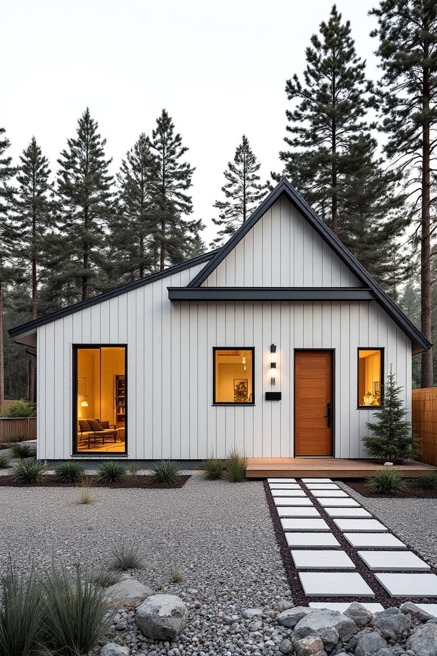 A Scandinavian-style cottage with warm glowing windows